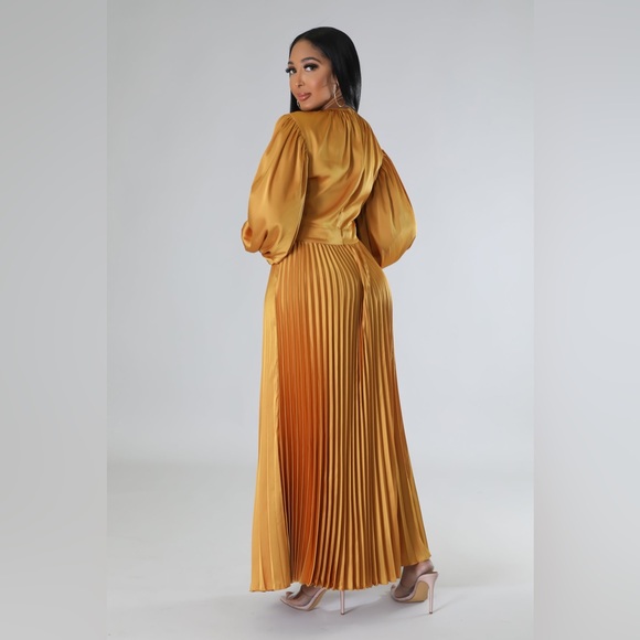 Gold LS Pleated Satin Dress - Picture 2 of 4